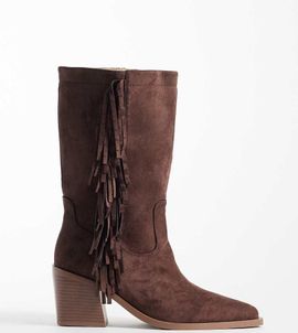 Simmi Wide Fit Simmi London Santo Wide Fit western mid ankle boots with fringes in brown faux suede
