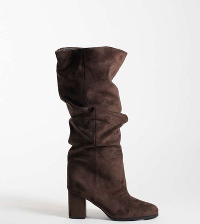 Simmi Wide Fit Simmi London Wide Fit Maggie ruched knee boots in brown suedette