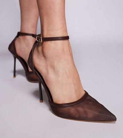 Simmi Wide Fit Simmi London Wide Fit Mandisa mesh heeled shoes in chocolate-Brown