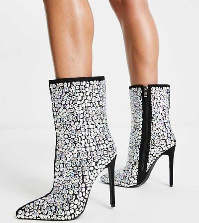 Simmi Wide Fit Simmi London Wide Fit Nakoa rhinestone embellished boots in black and silver