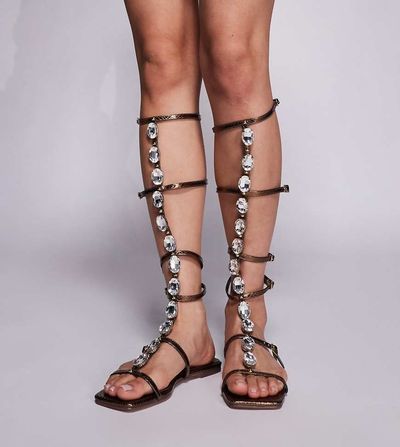 Simmi Wide Fit Simmi London Wide Fit Zenya gladiator sandals with stone detail in bronze metallic-Brown