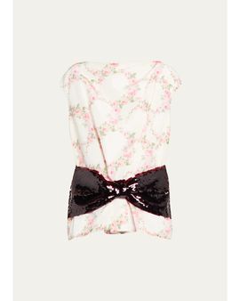 Simone Rocha Boxy Floral Satin Sequined Bow Peplum Top