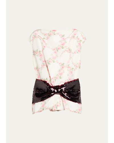 Simone Rocha Boxy Floral Satin Sequined Bow Peplum Top