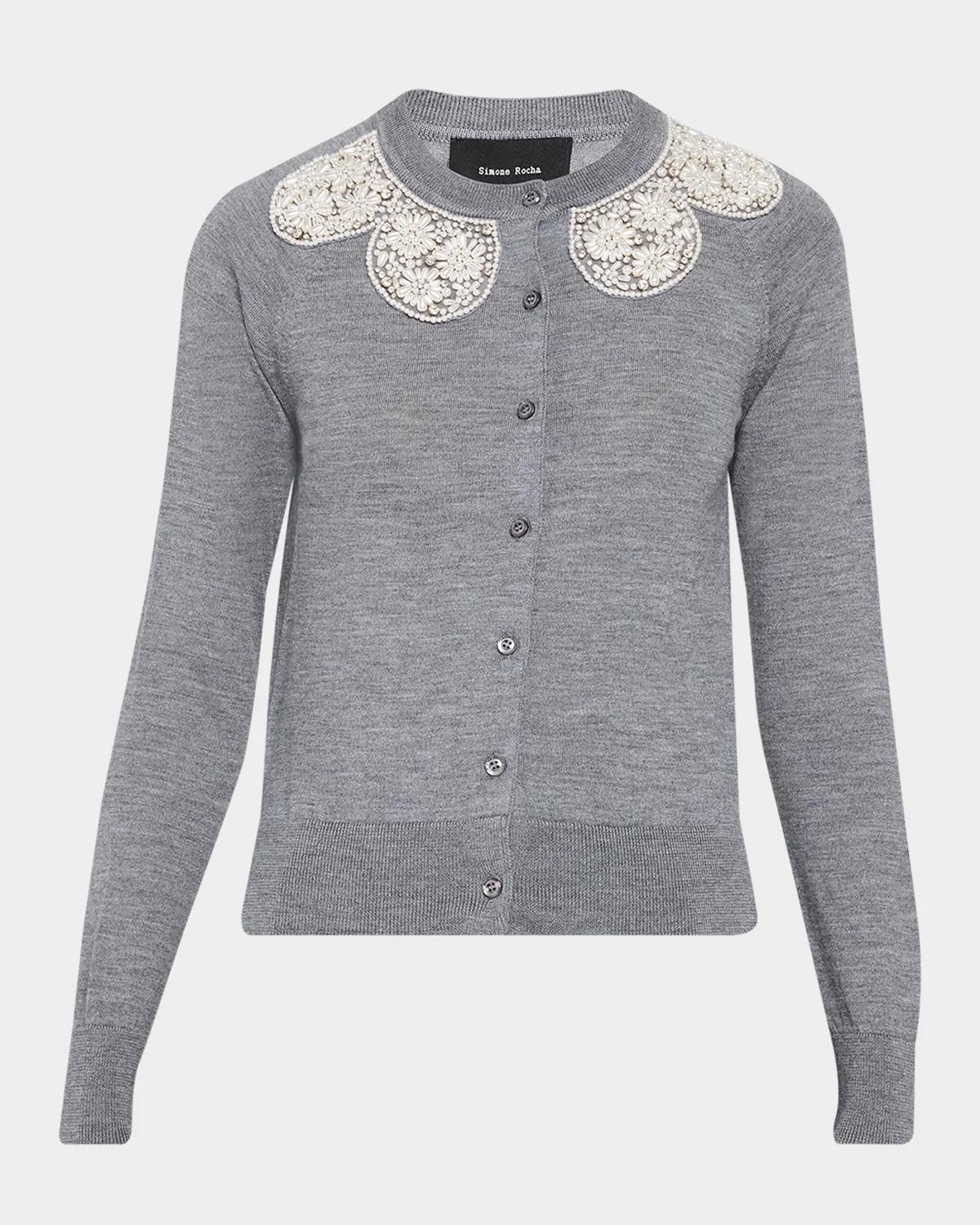 Simone Rocha Embellished Classic Merino Wool-Silk Crewneck Cardigan