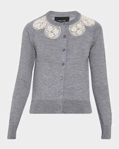Simone Rocha Embellished Classic Merino Wool-Silk Crewneck Cardigan