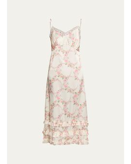 Simone Rocha Floral Satin Tiered Ruffle Midi Slip Dress