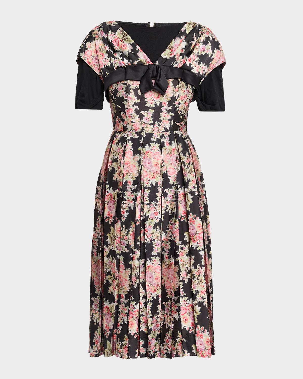 Simone Rocha Pleated Floral Satin Layered Midi Dress