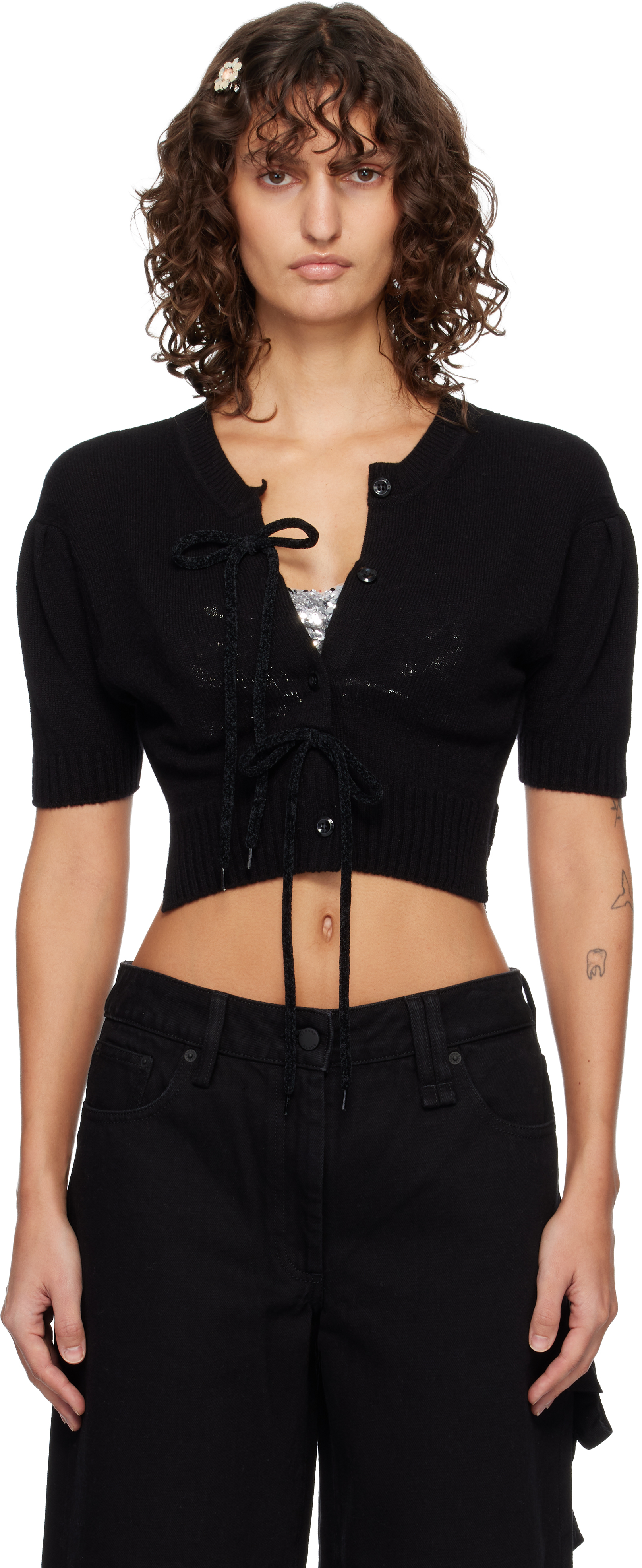 simone rocha レイヤードロンTブラック　11747391 ポーカーズ Simone Rocha - Black Cropped Cashmere Cardigan