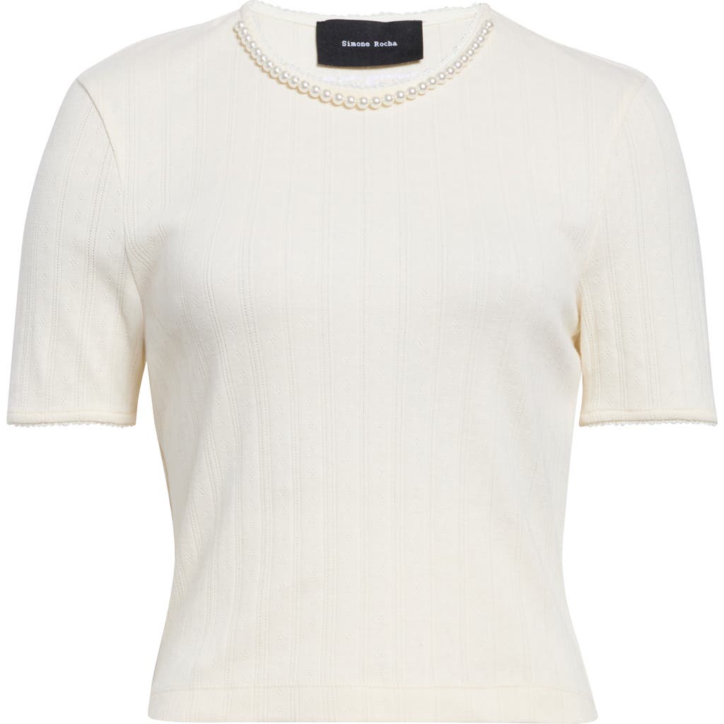 Simone Rocha Simone Rocha Faux Pearl Crop Cotton Pointelle Rib T-Shirt