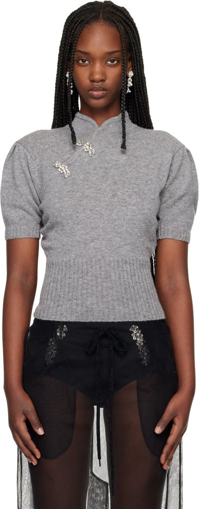Simone Rocha Simone Rocha Gray Embellished Mandarin Collar Cashmere Sweater