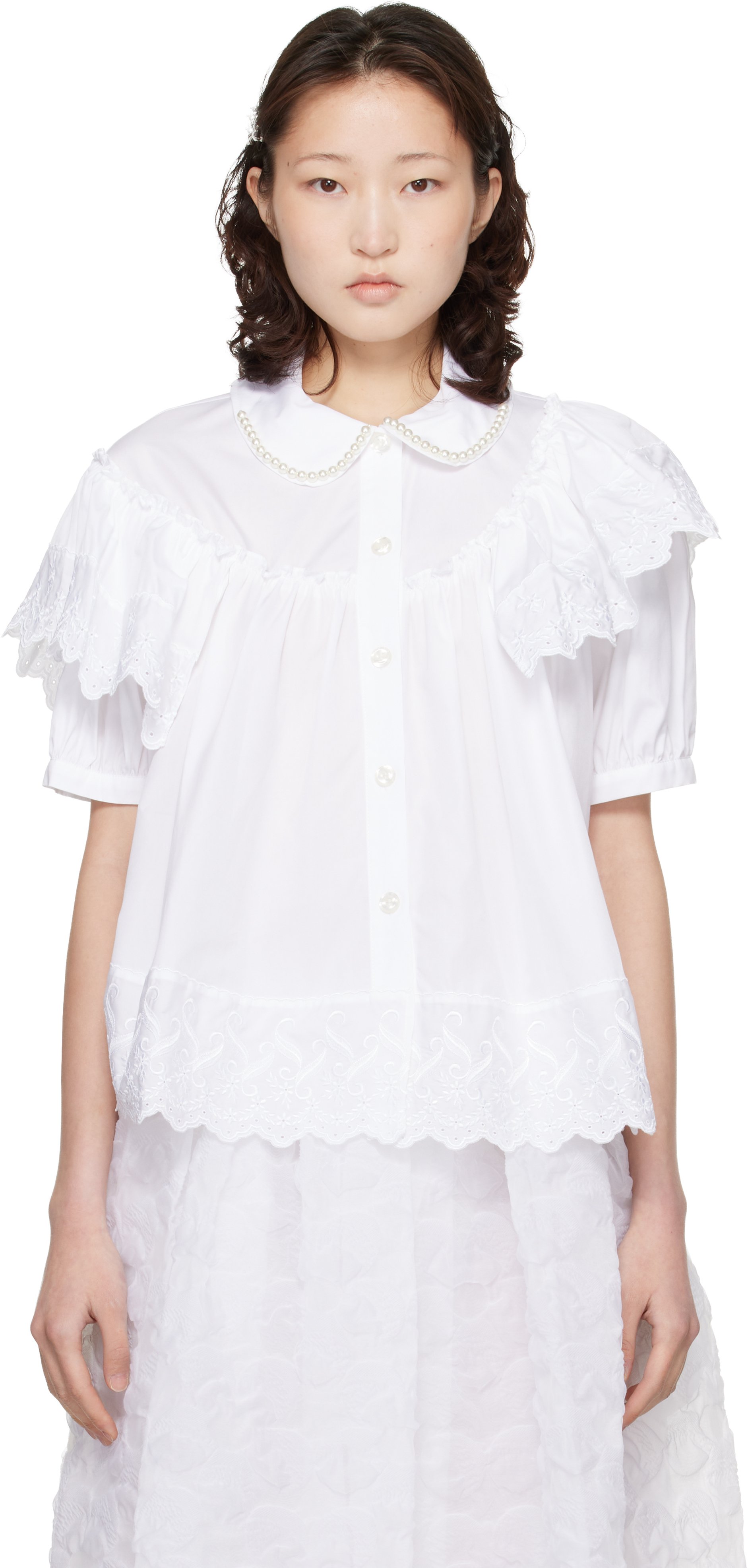 Simone Rocha ホワイト パフスリーブシャツ Simone Rocha - White Cropped Puff Sleeve Ruffle Frill Shirt