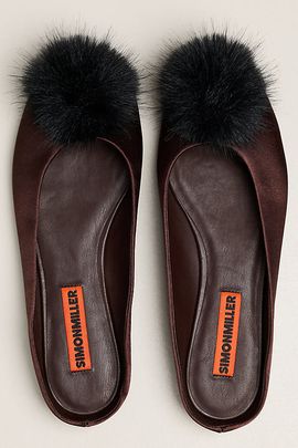 SIMONMILLER Pom Pom Riad Satin Ballet Mule Flats
