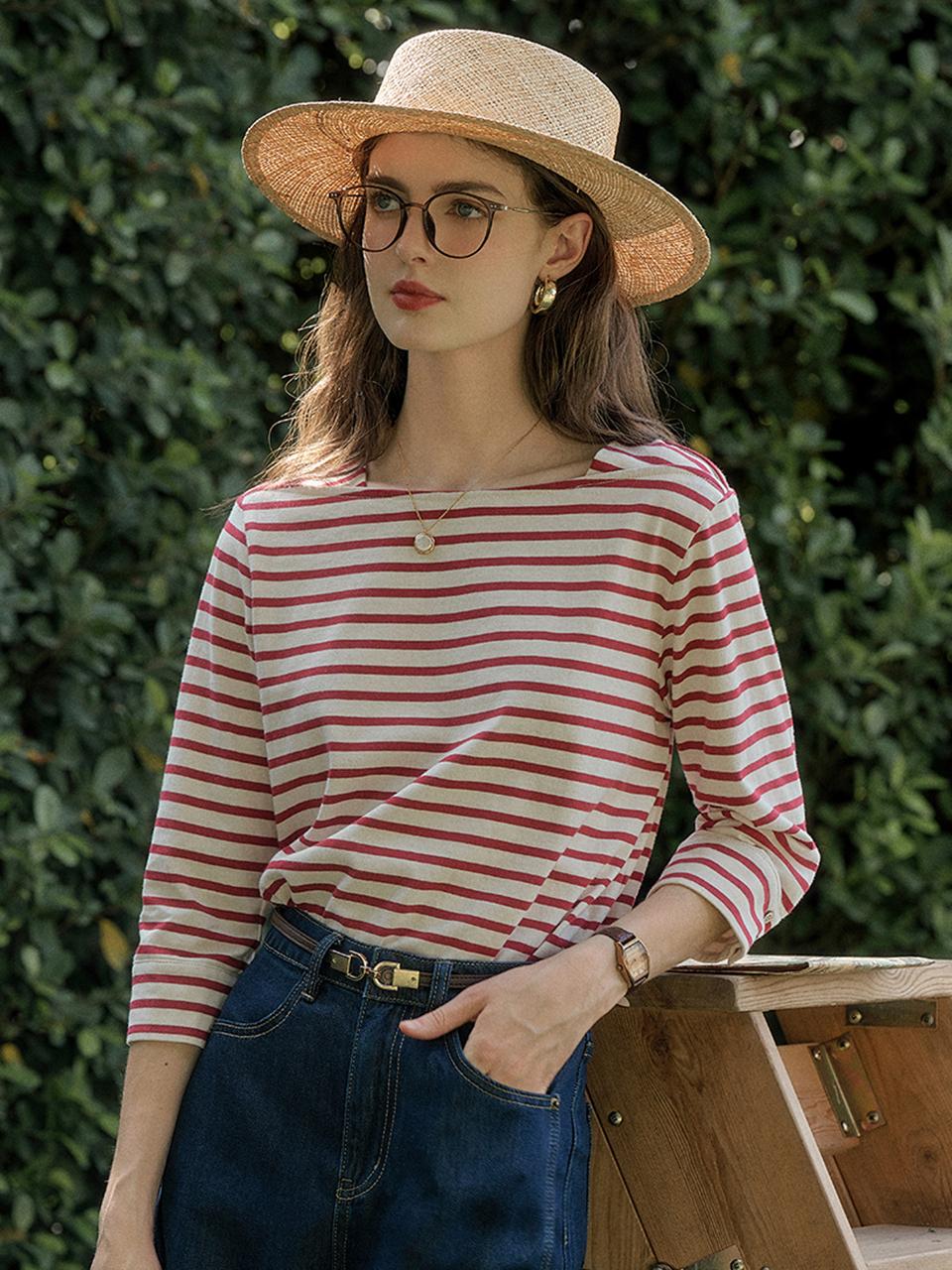 Simple Retro Boat Neck Stripe Top_2 Colors