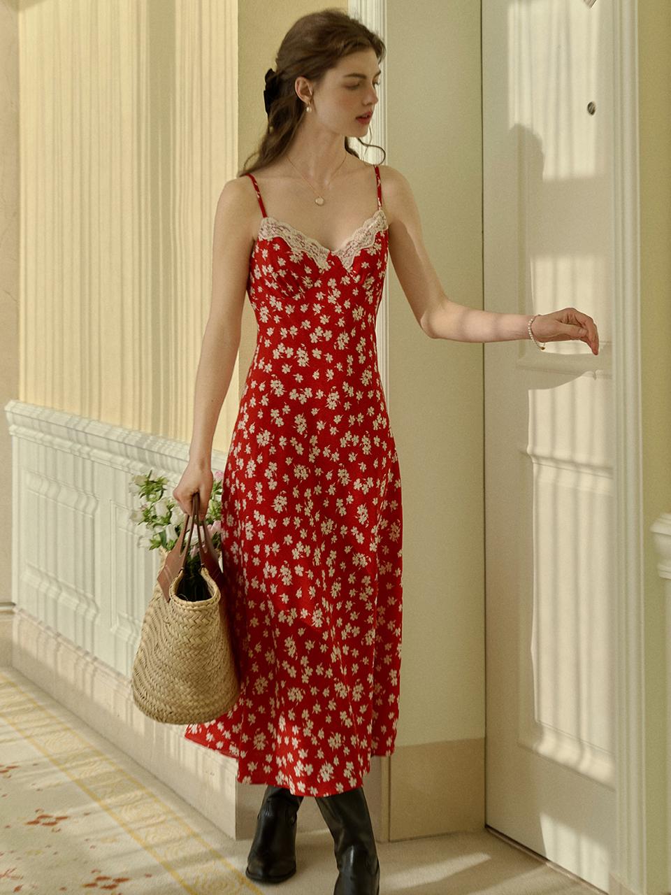 Simple Retro Floral Lace Slip Dress