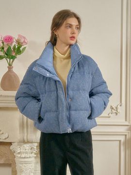 Simple Retro High Neck Cropped Padding Down Jacket [Blue]