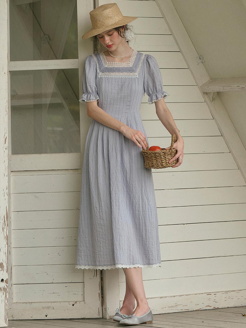Simple Retro Literary Lace Square Neck Linen Dress
