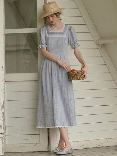 Simple Retro Literary Lace Square Neck Linen Dress