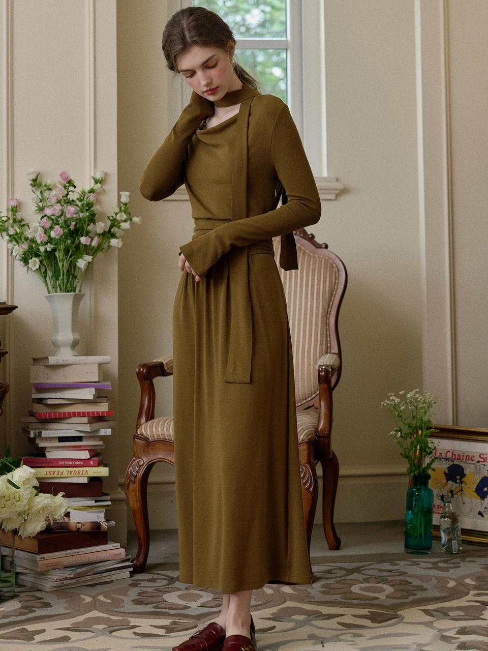 Simple Retro Maple Brown Slim Long Dress