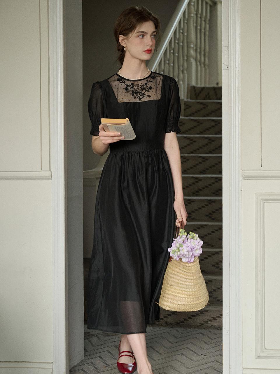Simple Retro Mesh Embroidery Black Dress