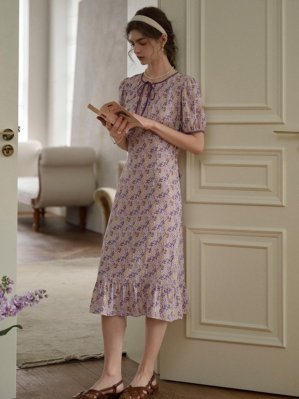 Simple Retro Puff Sleeve Floral Slim Dress