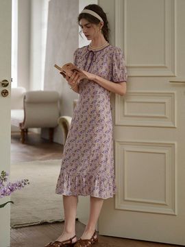 Simple Retro Puff Sleeve Floral Slim Dress