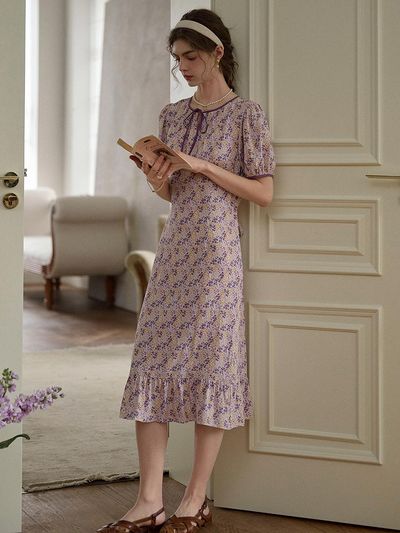 Simple Retro Puff Sleeve Floral Slim Dress
