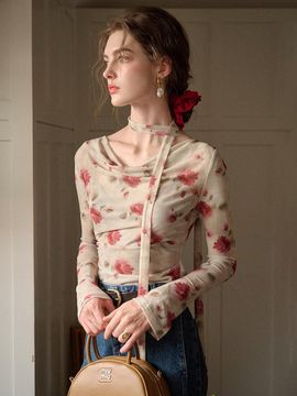 Simple Retro Rose Print Long Sleeve Top