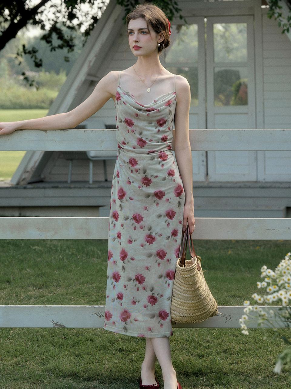 Simple Retro Rose Slip Dress