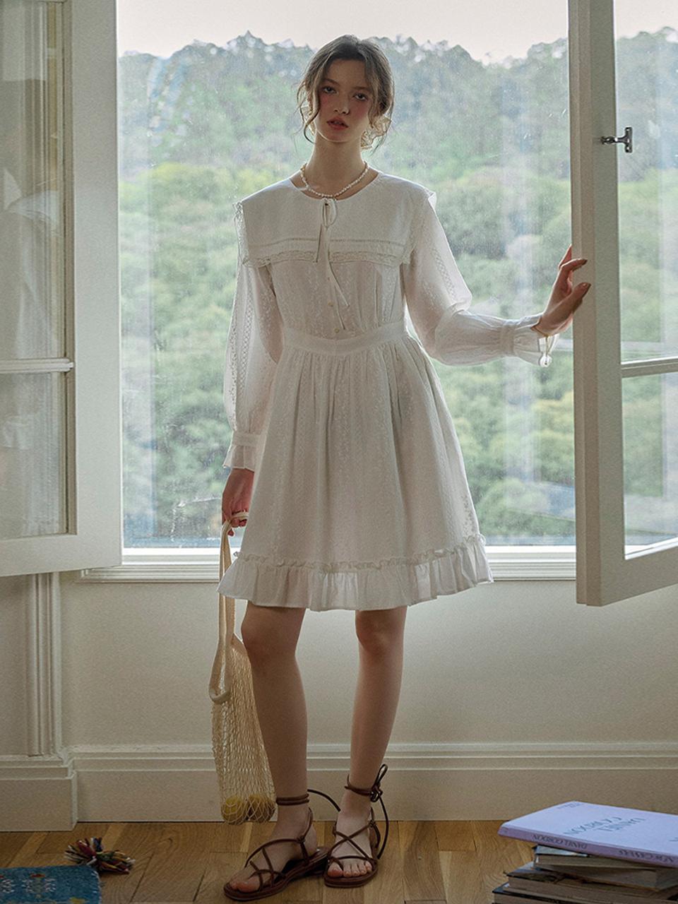 Simple Retro SR Collar Texture Cotton Mini Dress