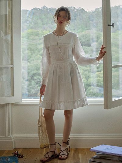 Simple Retro SR Collar Texture Cotton Mini Dress