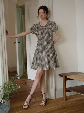 Simple Retro SR Puff Sleeve Check Dress