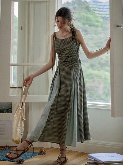 Simple Retro SR Stitched Check Slip Dress