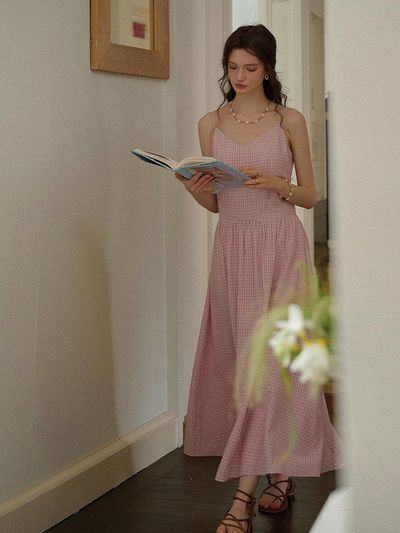 Simple Retro SR Temperament Check Slip Dress