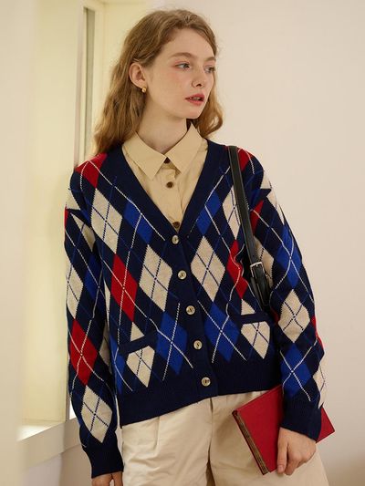 Simple Retro SR_Contrasting Rhombus Cardigan_Navy