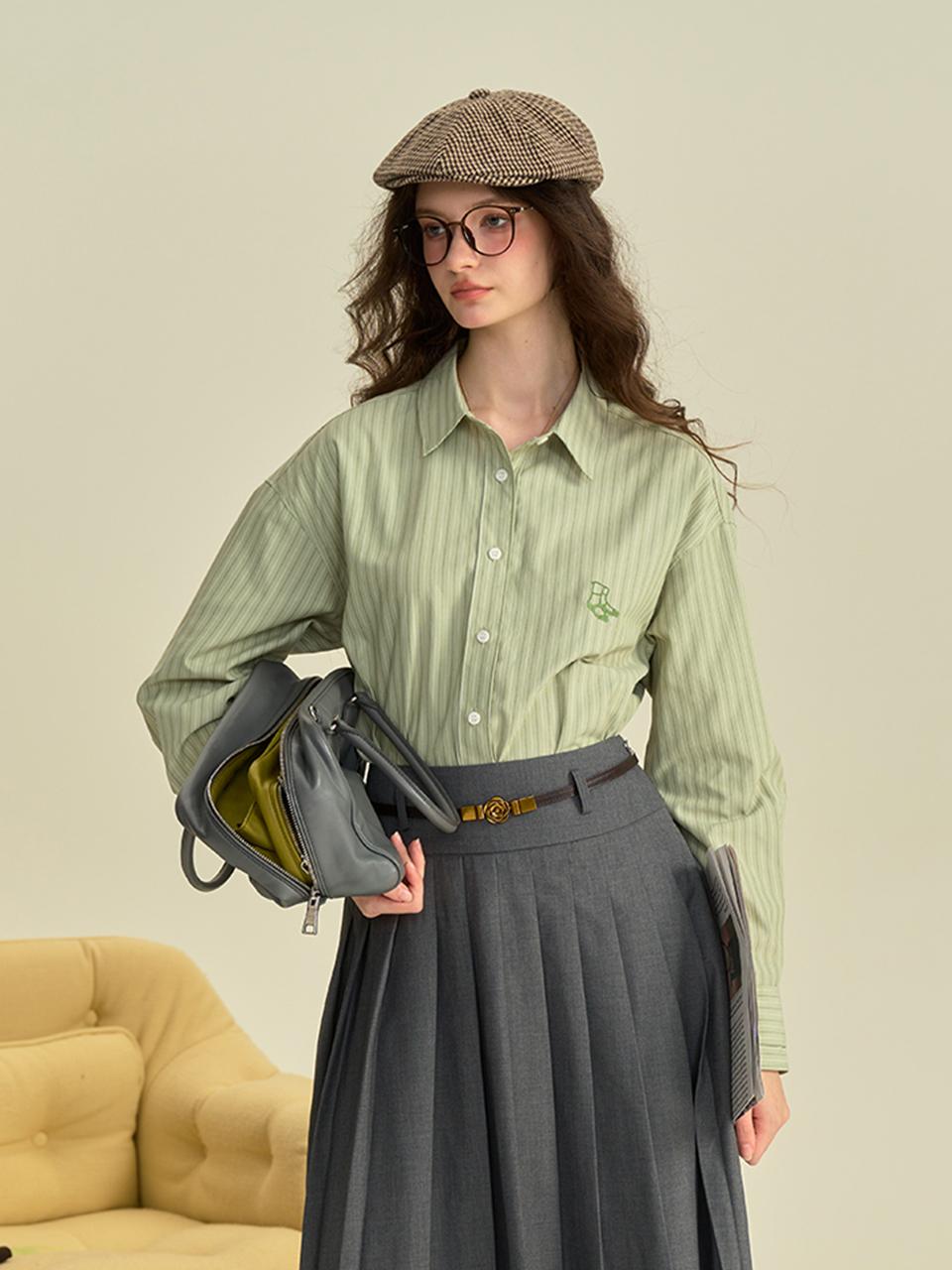 Simple Retro SR_Embroidered striped green shirt