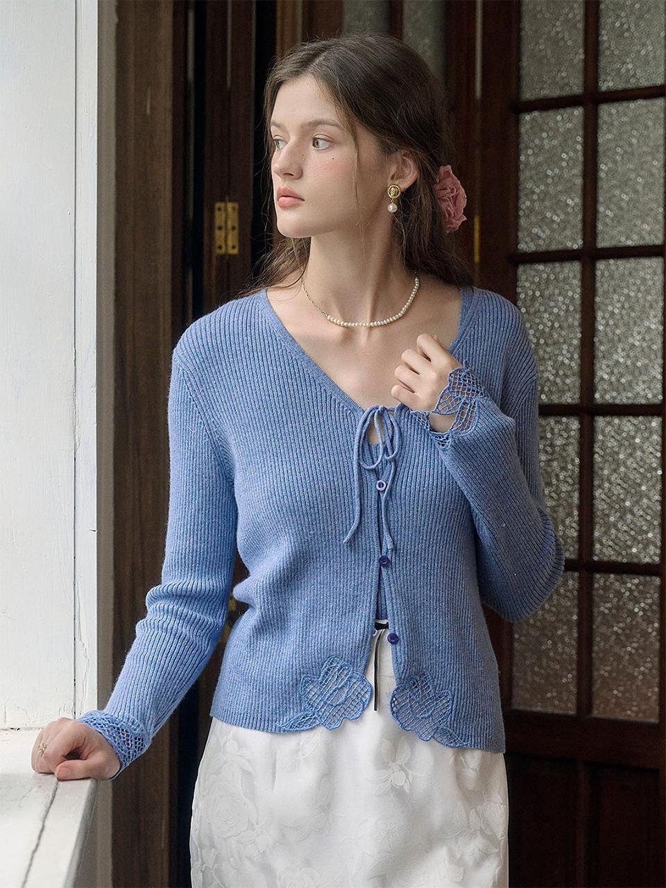 Simple Retro SR_Embroidered wool cardigan_BLUE