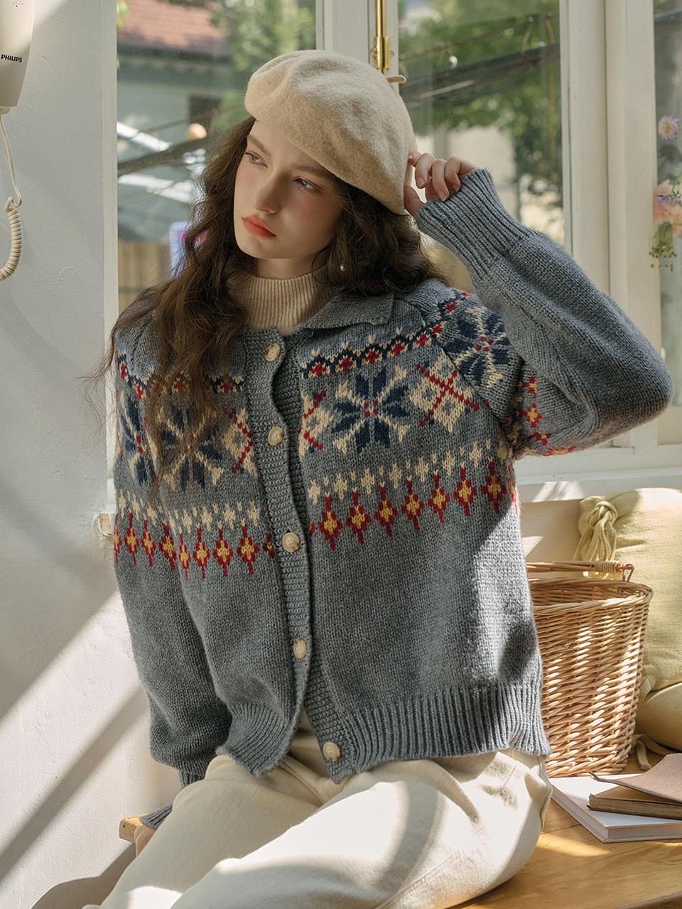 Simple Retro SR_Fair isle wool gray knit cardigan
