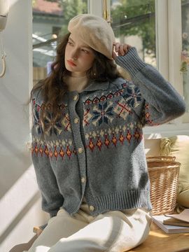 Simple Retro SR_Fair isle wool gray knit cardigan