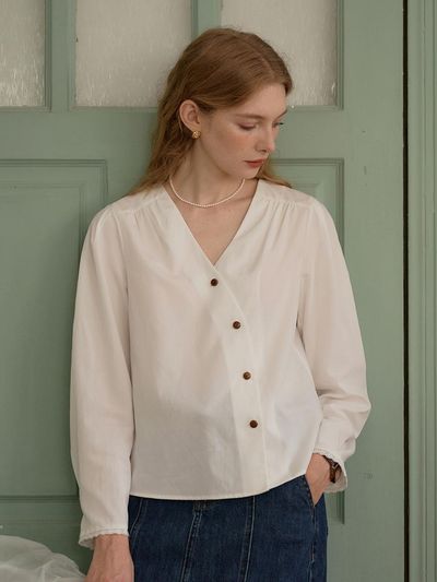Simple Retro SR_French V-neck Button Blouse