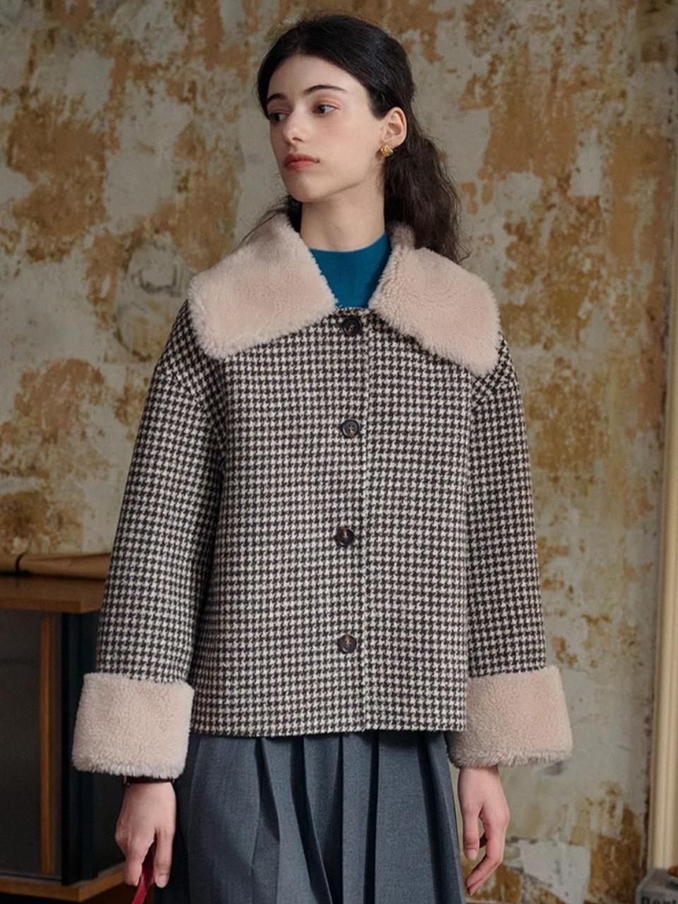 Simple Retro SR_Fur Lapel Cropped Tweed Jacket