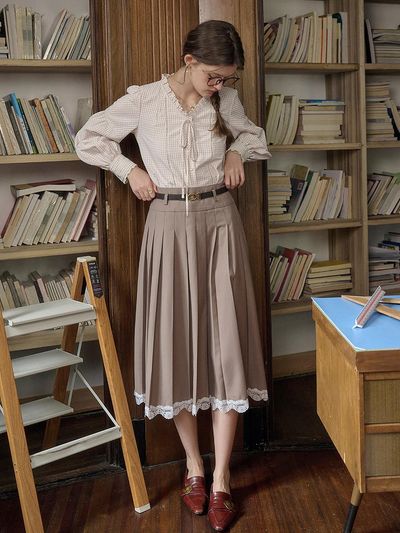 Simple Retro SR_High-waisted pleated lace skirt_BROWN