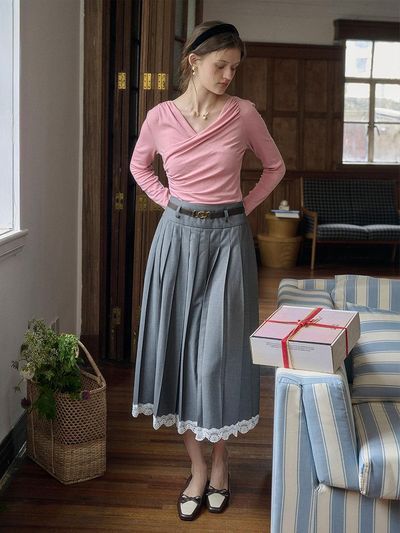 Simple Retro SR_High-waisted pleated lace skirt_GRAY