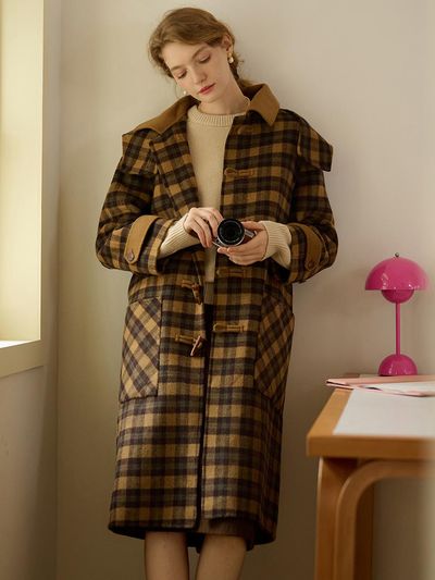 Simple Retro SR_Horn Button Plaid Hooded Coat_Brown