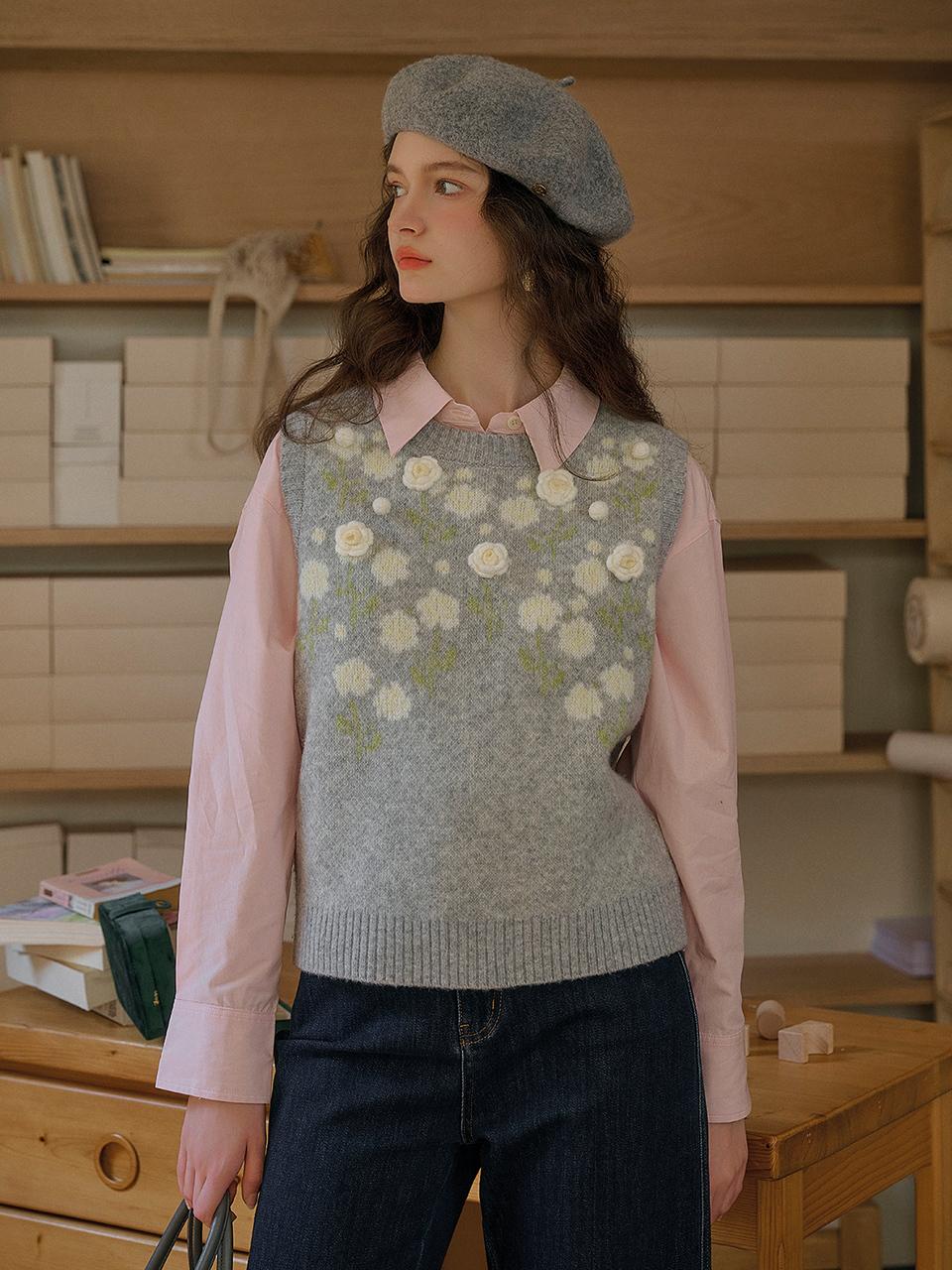 Simple Retro SR_Loose rose wool knit vest