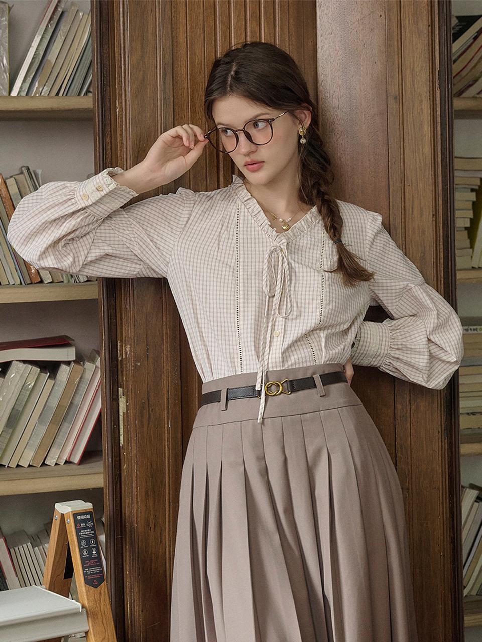 Simple Retro SR_Plaid gentle lace-up shirt