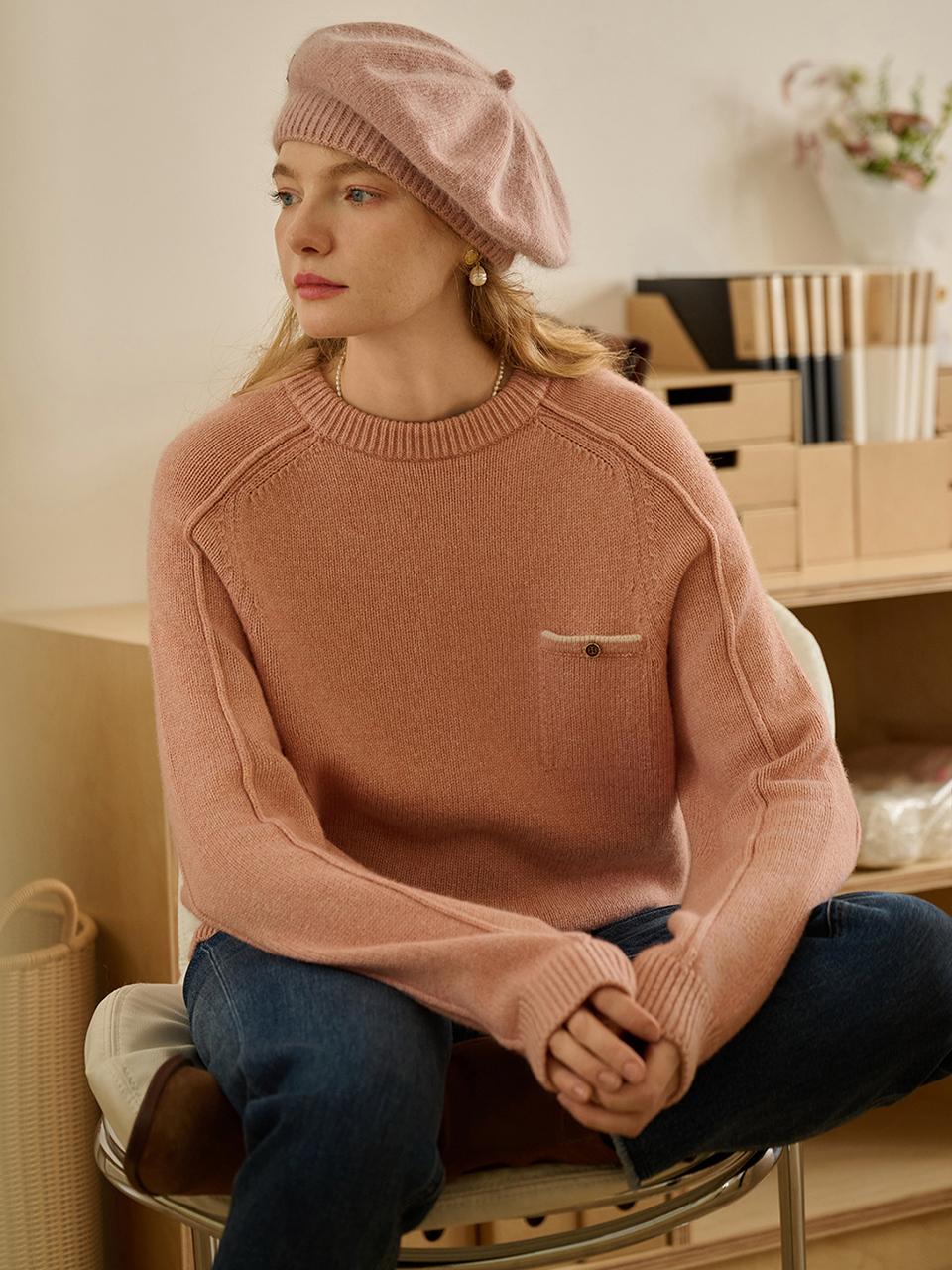 Simple Retro SR_Pocket Round Neck Sweater_Pink