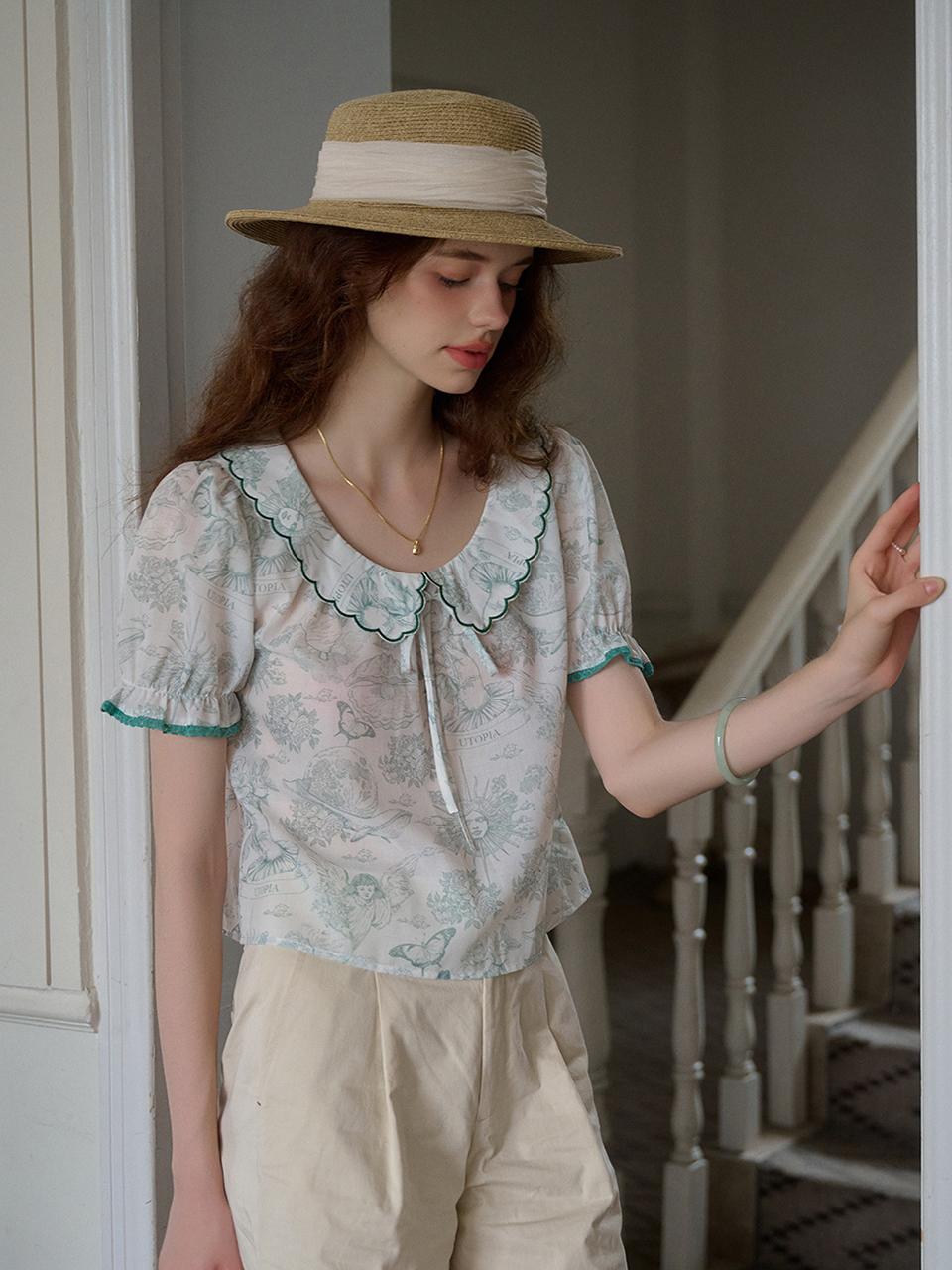 Simple Retro SR_Puff sleeve crop blouse