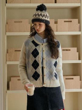Simple Retro SR_Rhombic jacquard wool cardigan