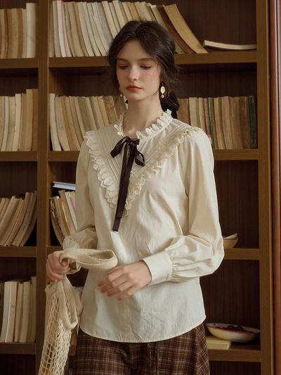 Simple Retro SR_Ribbon lace collar shirt