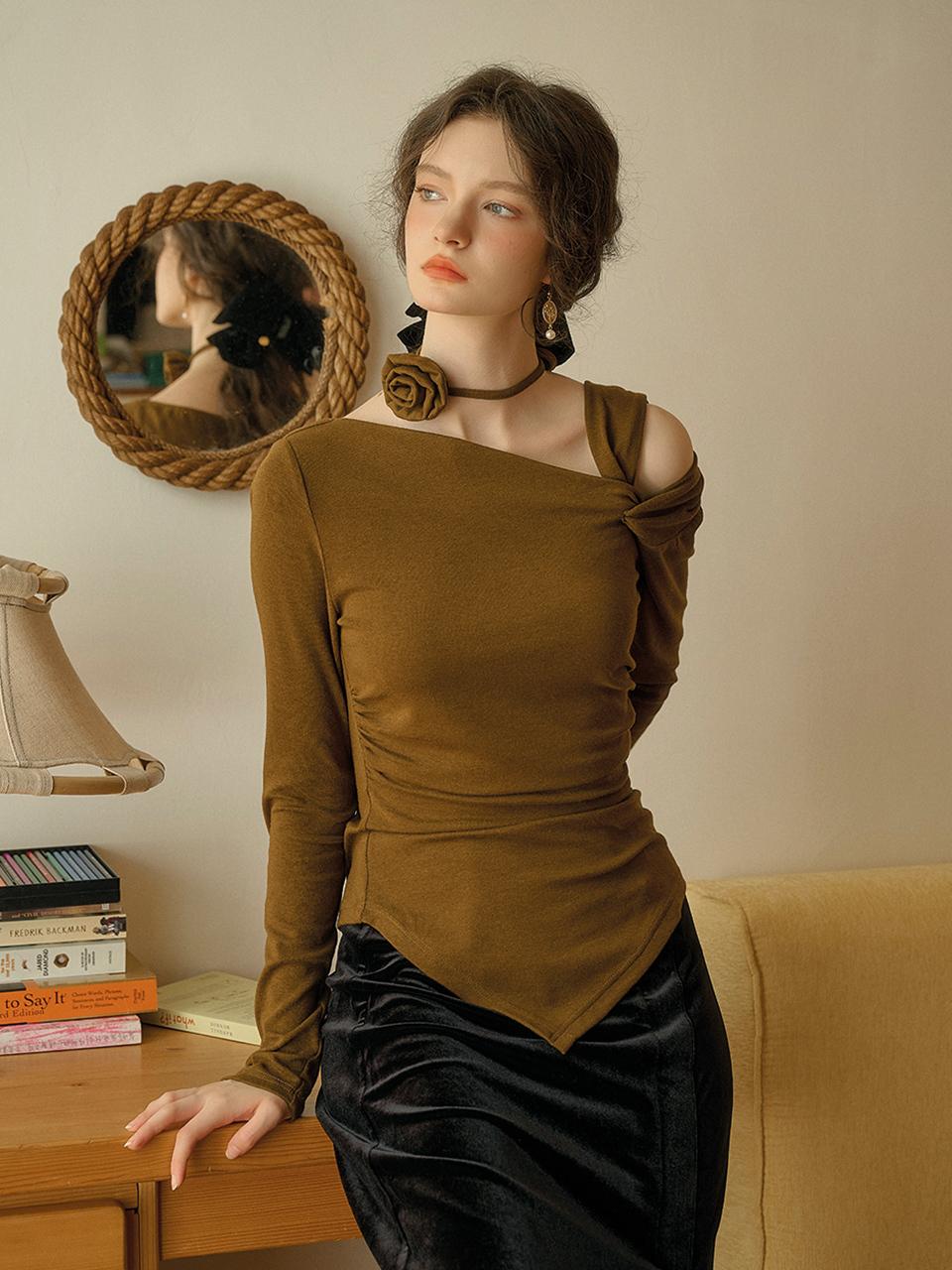 Simple Retro SR_Slant shoulder slim knit top